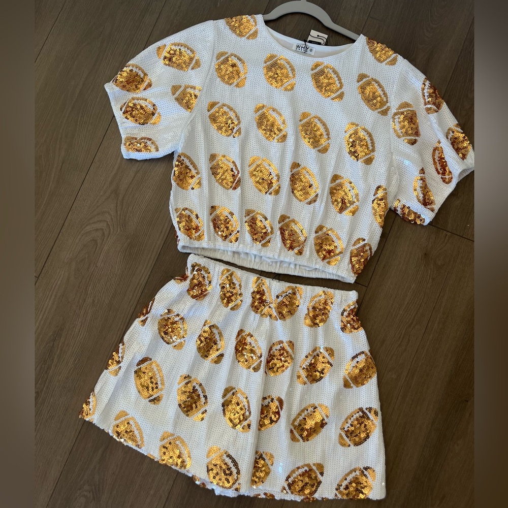 White and Gold Football Sequin Two-Piece Set